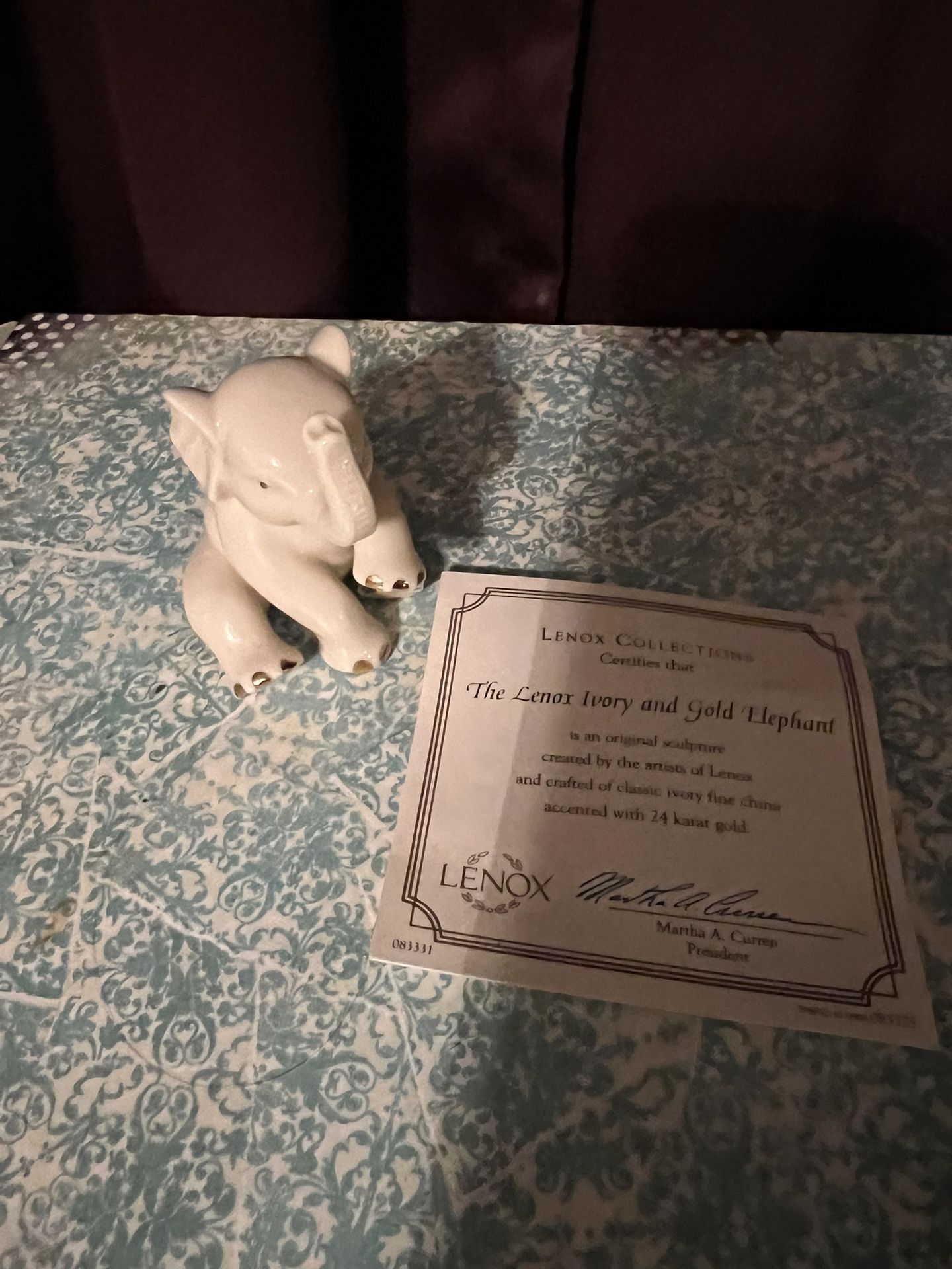 Lenox Ivory and Gold Elephant Figurine With Certificate Of Authenticity