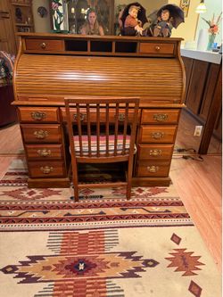 Vintage Oak Locking Roll-Top Desk with Matching Chair