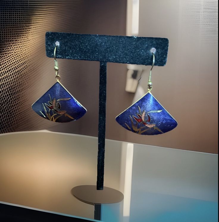 Vintage Cloisonné Fan Shape Flower Gold Tone Dangle Earrings