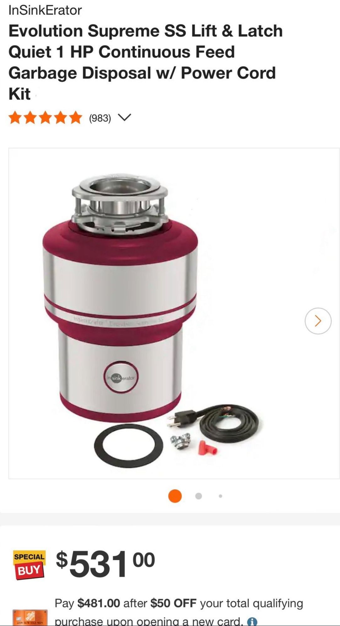 Insinkerator Evolution Supreme SS Lift & Latch Quiet 1 HP Continuous Feed Garbage Disposal