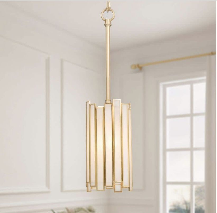 LNC Modern Gold 1-Light Drum Pendant Light with Stained Glass Shade Cylinder Geometric Island Foyer Hanging Light