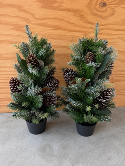 Set of 2 Artificial Frosted Evergreen Trees with Pinecones