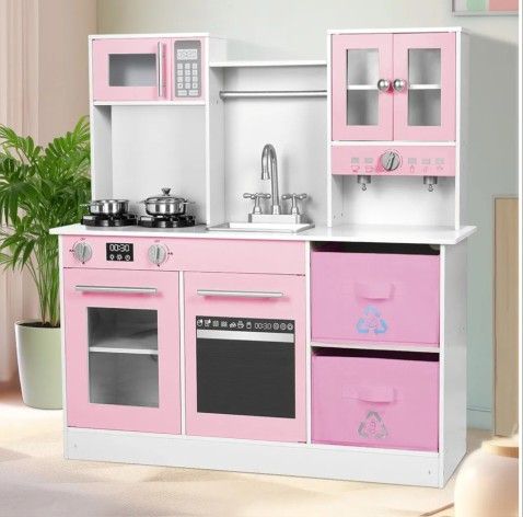 Kids Play Kitchen, Wooden Pretend Toy Kitchen, Toodler Cooking Playset, Stove w/Light & Sound, Sink, Microwave, 2 Fabric Boxs, Dishwasher, Modern Home