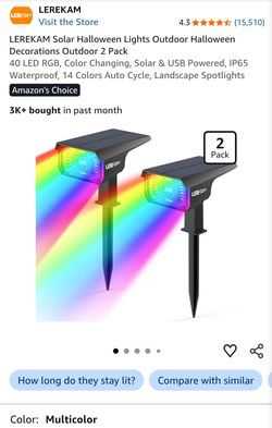LEREKAM Solar Halloween Lights Outdoor Halloween Christmas New Years Decorations Outdoor 2 Pack
40 LED RGB, Color Changing, Solar & USB Powered, IP65