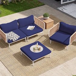  Drawcord Metal Patio Sectional Sofa Outdoor Sectional with Navy Blue Cushions and Removable Armrests