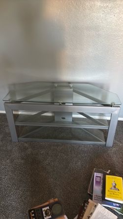 Modern Silver Metal and Glass Corner TV Stand