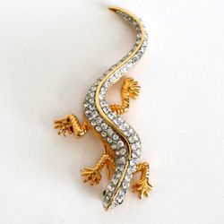 Gold plated LIZARD shape pin brooch with white and green eyes rhinestones