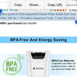 Datoo Aquarium Power Filter in-Tank Ultra Silent Small Fish Tank Filter 3W for Aquarium 1 to 10 Gallon Tank