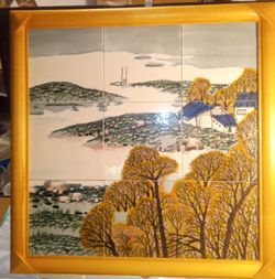 Hand Painted Style Ceramic Tile Wall Art Landscape Picture Framed 20x20