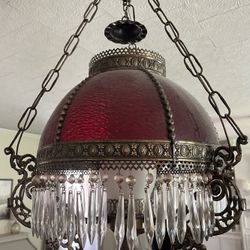 Antique Red Ruby Glass Hanging Parlor Lamp