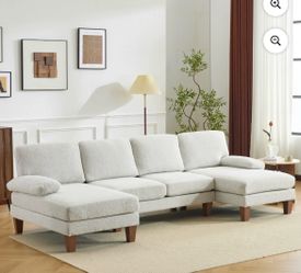 Ktaxon U-Shaped Sectional Sofa Set with Chaise, 4-Seater Blended Chenille Couch for Living Room, Apartment, Easy Assembly Off White