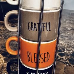 Thankful Grateful Blessed Espresso Obsessed Stackable Ceramic Espresso Cup Set