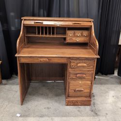 Oak Roll-Top Desk with Multiple Drawers