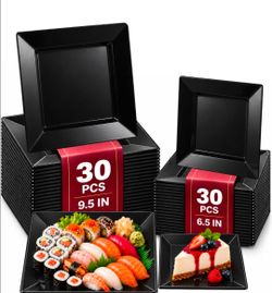60-Piece Black Square Plastic Plates Set – 30 Dinner & 30 Dessert Plates – Party & Events
