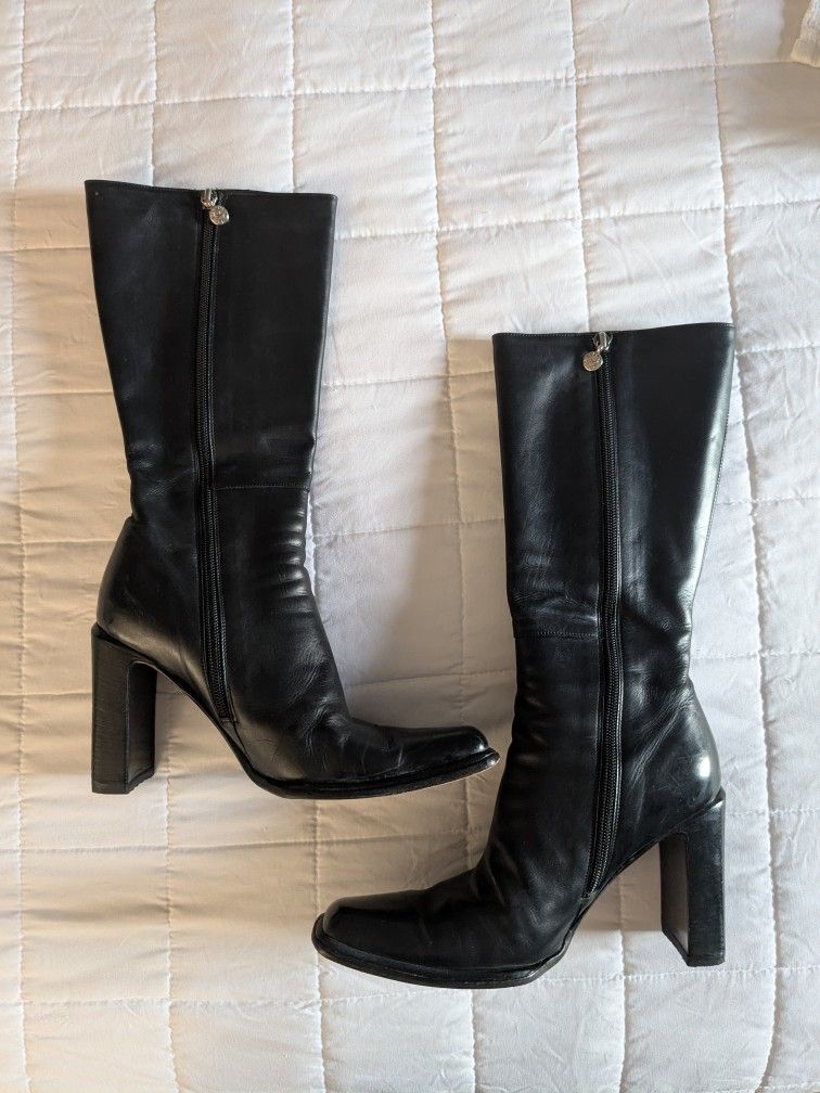 Gianni Bravo Black Leather Stacked Heel Boots
