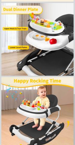 5 in 1 Baby Walker, Music and Lights Walker for Baby Boy Girls 6-12 Months, Foldable Baby Walkers with Wheels and Bouncer Combo Portable, Toddler Infa