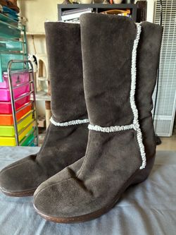 Brown Suede Mid-Calf Boots with Braided Trim