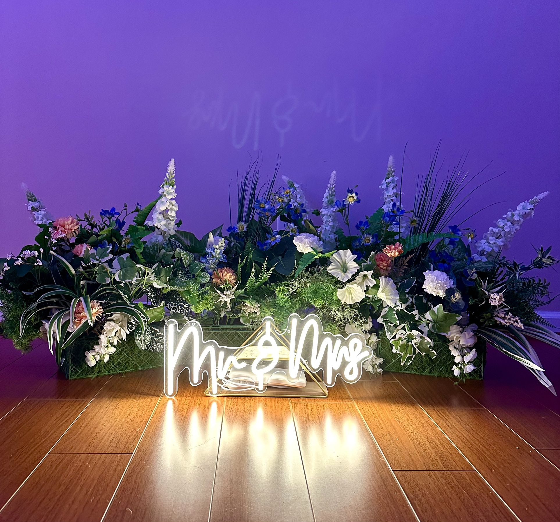 4-Piece Wedding Floor Floral Set + “Mr & Mrs” LED Sign
