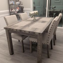 Rectangular Wooden Table & 4 Upholstered Chairs