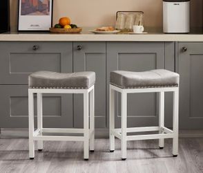 Gray Bar Stools Set of 2, Modern Counter Height, 24 Inch Kitchen Barstools with White Metal Base, PU Leather Saddle Seats for Kitchen Island Grey