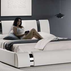 Clearance Queen Size Faux Leather Bed Frame with Iron Pieces Decor, Low Profile Platform Bed with Height-Adjustable Headboard, Solid Wood Slat Support