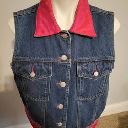 Women's DENIM Vest With Red Trim And Beading...size 14/16