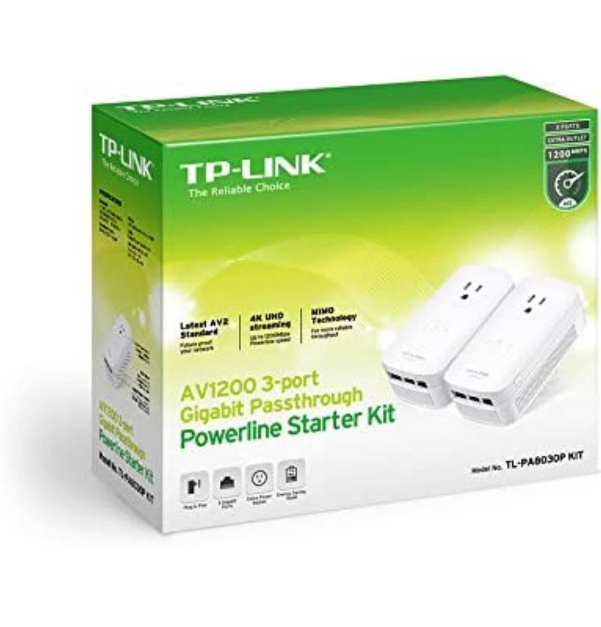 TP-Link AV1200 3-Ports Gigabit Powerline ethernet Adapter Starter Kit, , Pass-through, Powerline speeds Up to 1200Mbps(TL-PA8030P KIT)