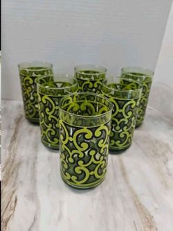 Vintage Groovy mid Mod green glassware juice glasses