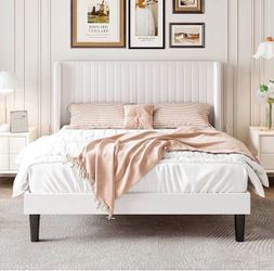 Full Size Velvet Bed Frame with Vertical Channel Tufted Wingback Headboard, Upho