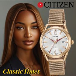 ***BRAND NEW***  Citizen Eco Drive Womens Rose Gold Stainless Steel Case White Dial Mesh Bracelet Watch