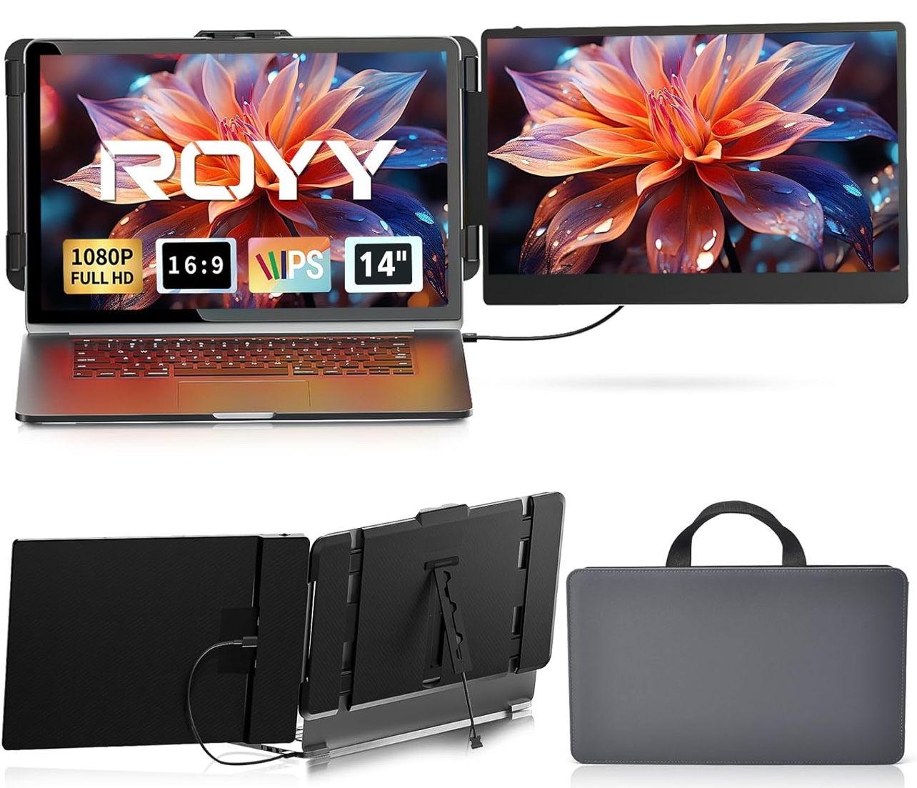 Laptop Screen Extender Dual Monitor - 14" Portable Monitor IPS FHD 1080P Attachment Screen Extended Extra Screen USB-C/HDMI Port Compatible with Wins