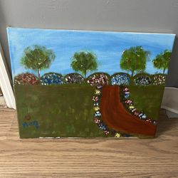 Hand-Painted Landscape Canvas Art – Colorful Garden Pathway & Trees Wall Decor
