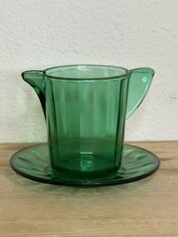 Child’s Akro Agate Play Time Green Uranium Glass Pitcher & Saucer