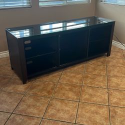 65Inch Glass,metal,wood Finish Tv-stand For 55/60/65//70 Inch Tv With Glass 5 Storage Cubby Center With Open Selves And Power Outside 