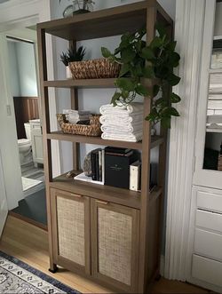New assembled Bookshelf 5 Tier Book Shelf Rattan Boho 71" Tall Bookcase with Doors Storage Shelves Large Bookshelves Farmhouse Bookcases Library Book 