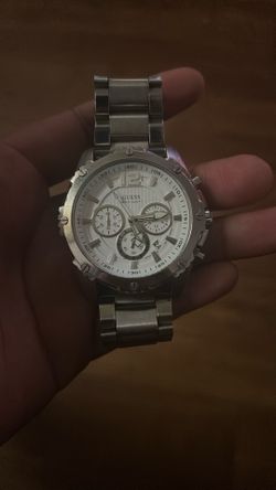 guess men’s sliver - tone chronograph watch with white dial