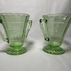 Vintage Hocking Uranium Glass Sugar & Creamer Set - Block Optic