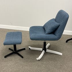 Ergonomic Swivel Desk Chair No Wheels with Ottoman - Indigo Linen 