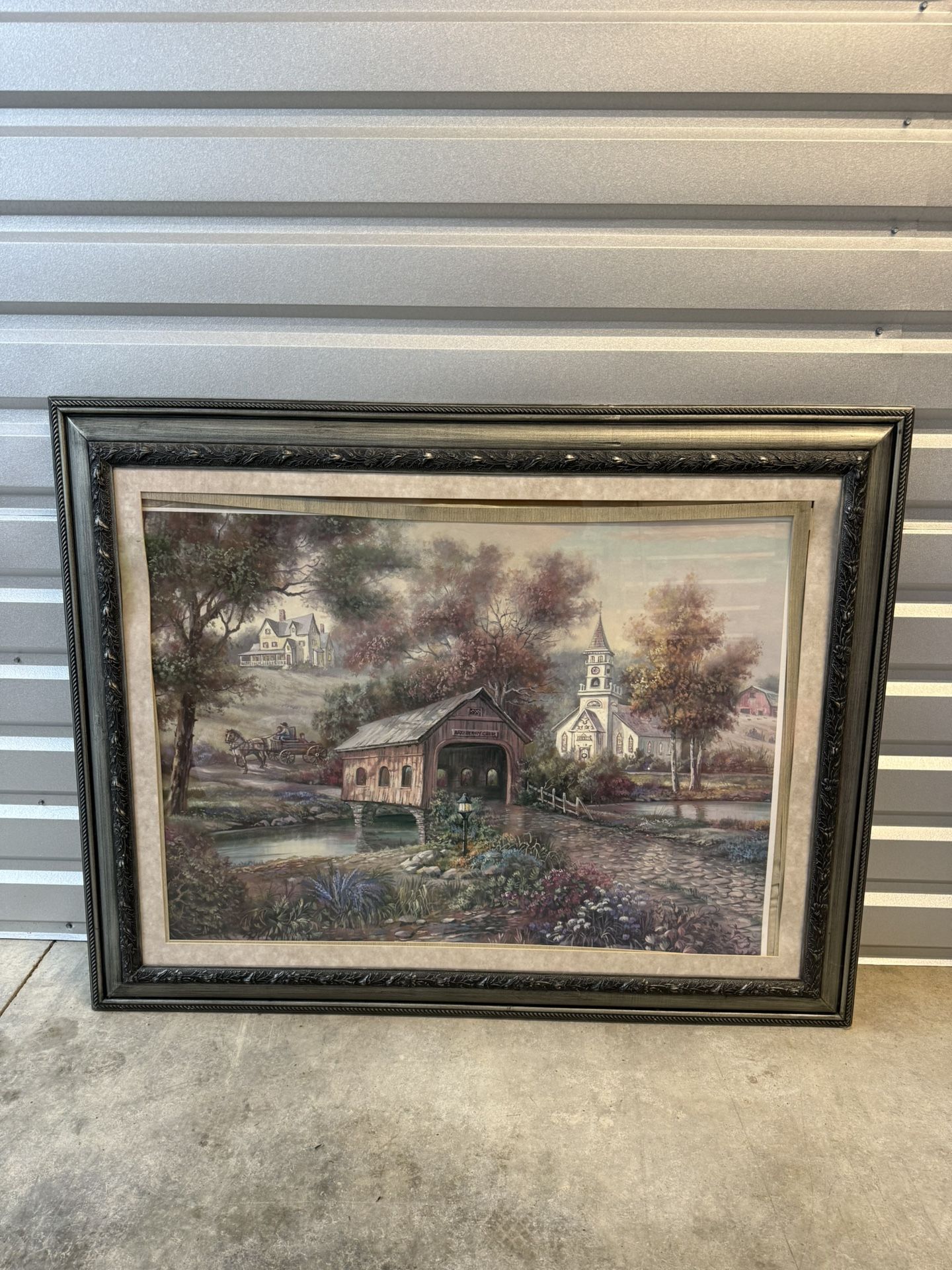 Large Framed Country Landscape Wall Art – Covered Bridge & Church Scene