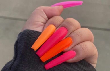 Extra long coffin press on nails pink orange matte handmade