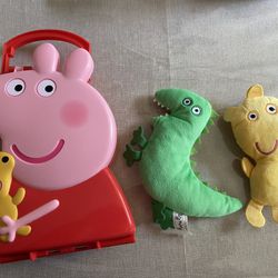 Peppa Pig Carry Case and Yellow Teddy Bear & George's Mr Dinosaur Plush, Bundle for $20