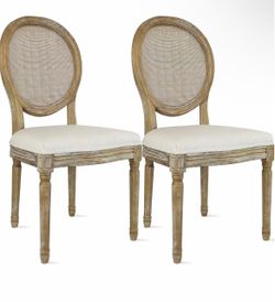 2xhome Set of 2 French Country Dining Chairs | Upholstered Linen Welted Padded Fabric with Natural Rustic Wooden Frame | Farmhouse Oval Rattan Back Si