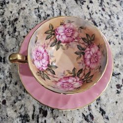 Aynsley Pink Cabbage 4 Roses Teacup Saucer Bone China 