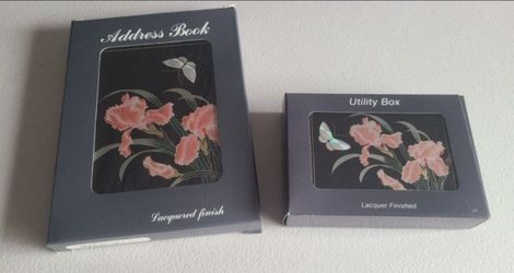Vintage Japanese Lacquered Address Book and Utility Box wth Mirror and Tissue Set with a Lacquered Finish