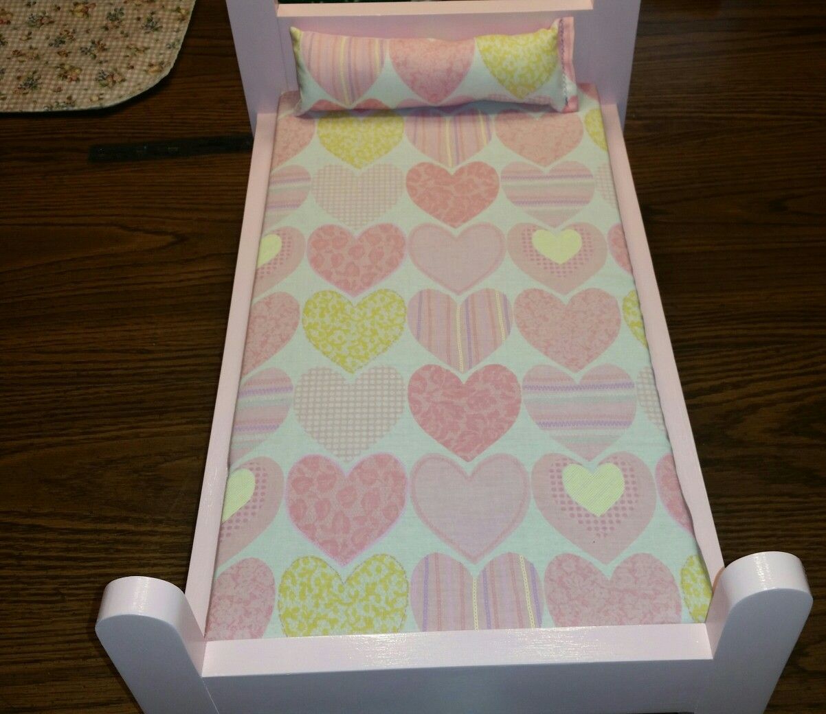 Handcrafted Wooden Doll Bed. Doll bed with mattress and pillow.