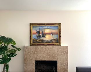 Nautical sunset oil painting with frame
