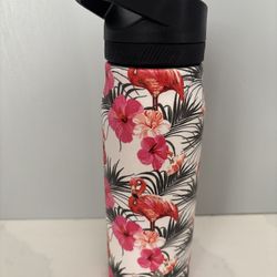  New Manna Tropical Flamingo Print 24 oz Water Bottle with a flip-top lid 