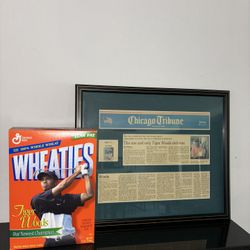 Tiger Woods Unopened Wheaties From 1998 And Framed Herald Article Referencing The Western Open Victory In 1997. 