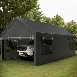 Carport 10' x 20' Heavy Duty Portable Garage, Carport Canopy with Side-Opening Door & Roll-Up Windows, Car Canopy for Truck,Car,Grey