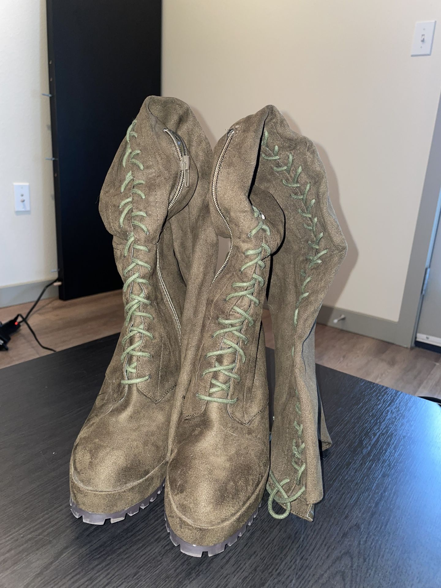 Green Thigh High Heel Boots